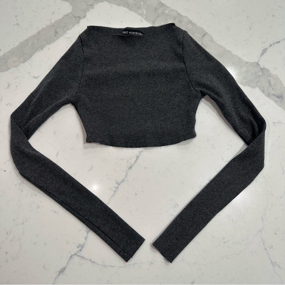 Naked Wardrobe Ribbed Long Sleeve Crop Top Size Small Charcoal Gray